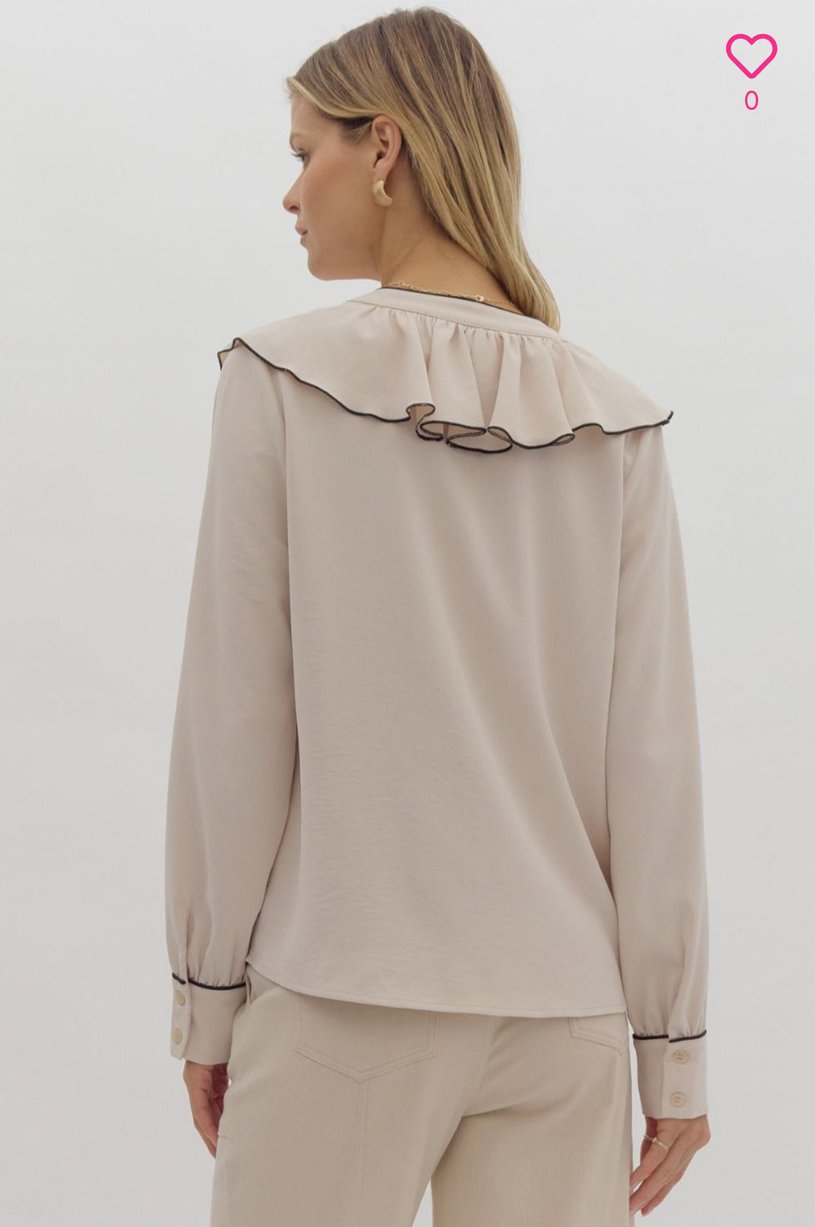 CREAM/BLACK RUFFLE BUTTON UP BLOUSE