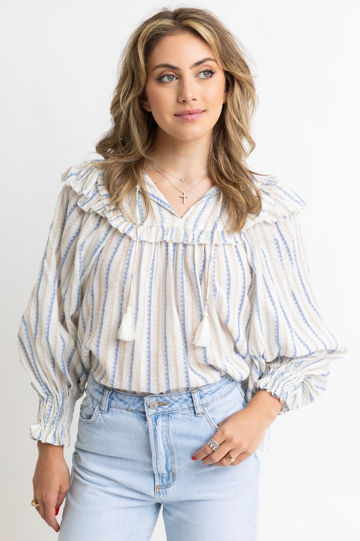 STRIPE NEUTRAL RUFFLE VNECK TOP- FINAL SALE