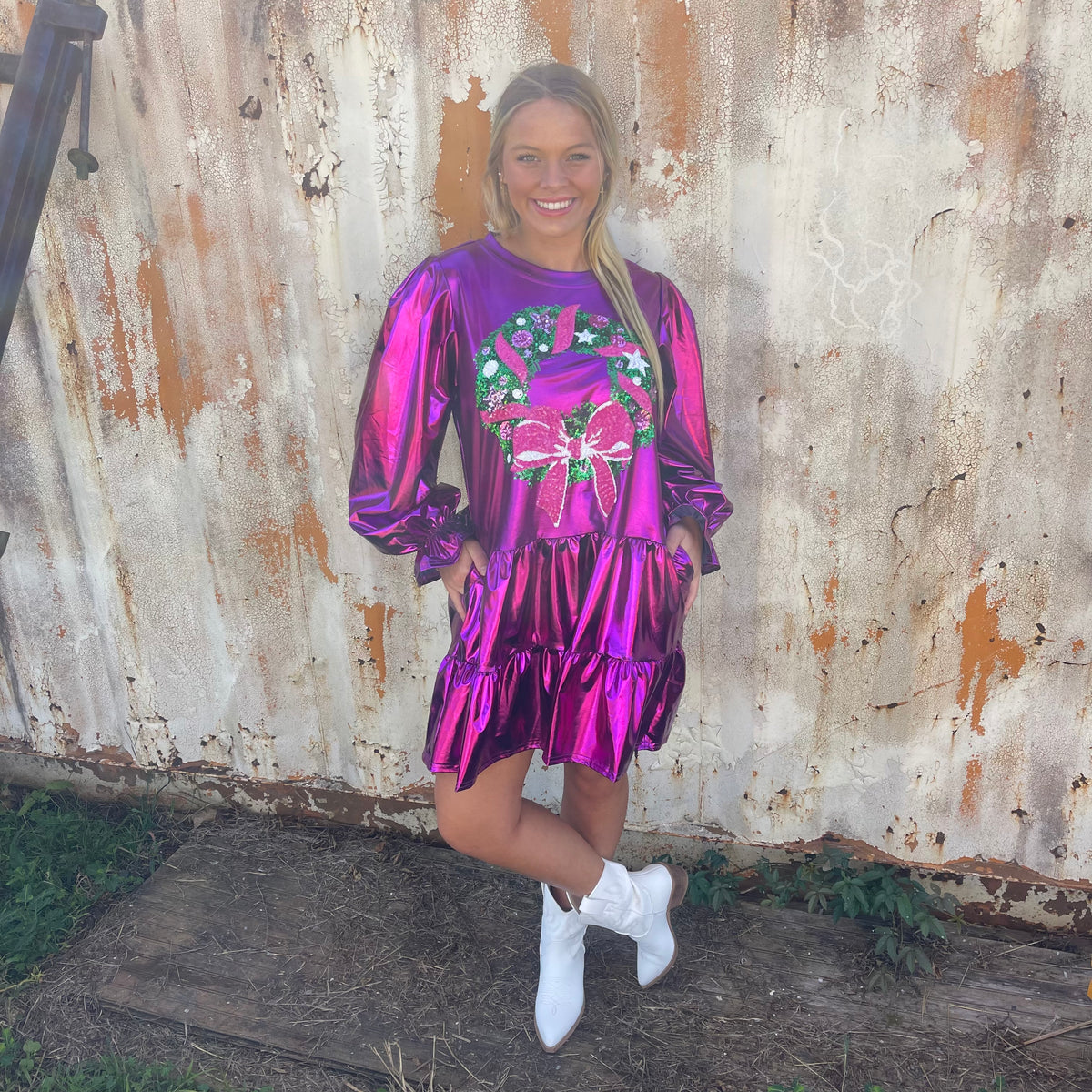 MAGENTA FOIL SEQUIN WREATH DRESS