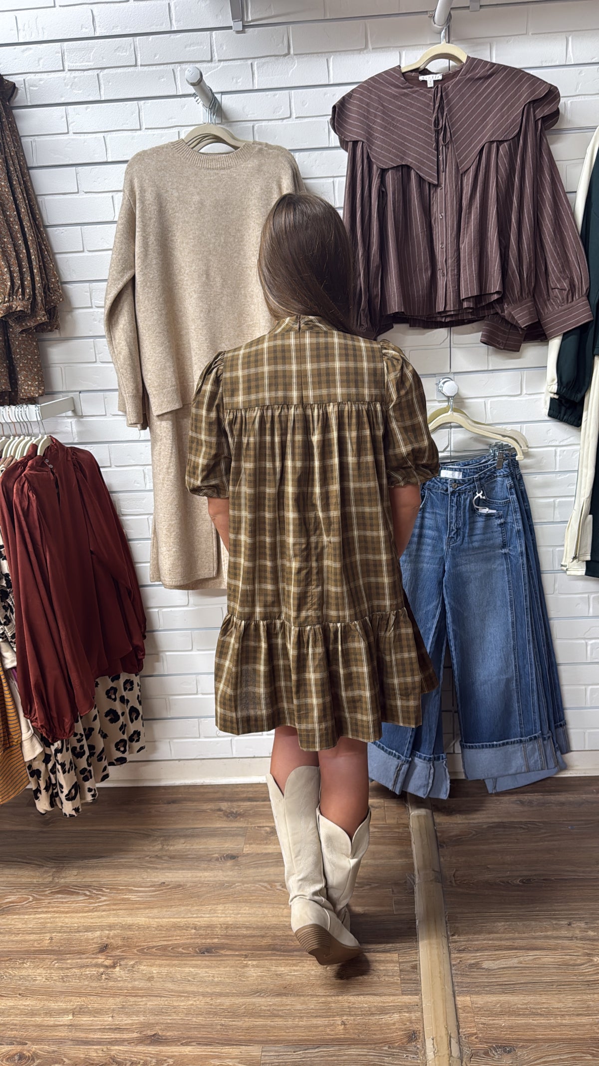 BROWN RUFFLE PLAID DRESS