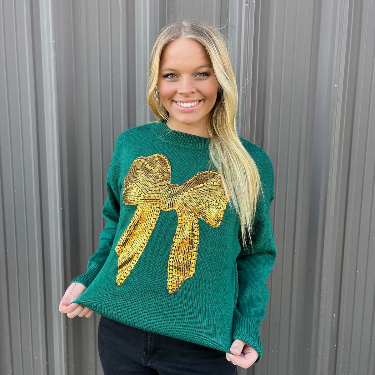 GREEN GOLD SEQUIN BOW SWEATER