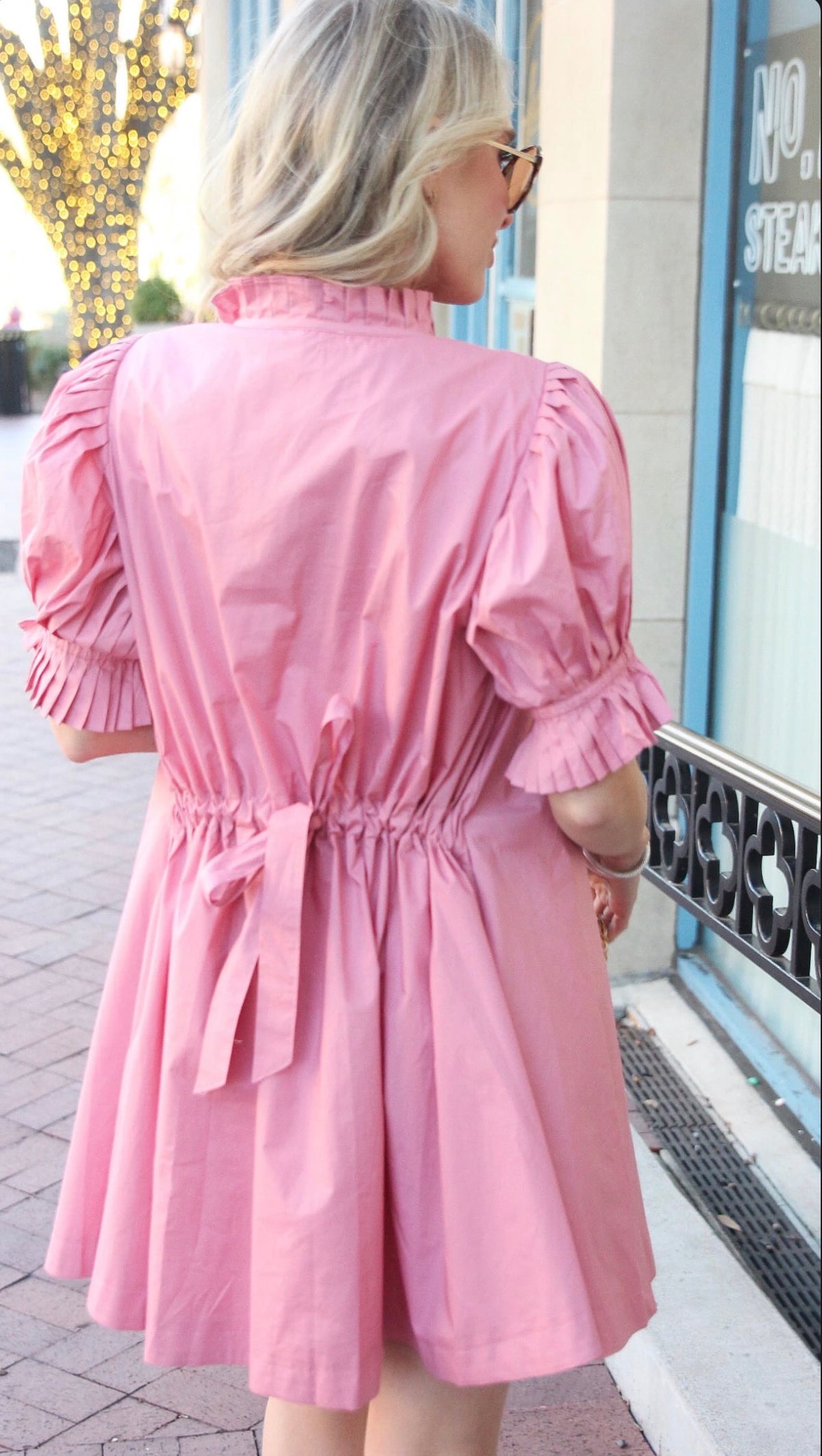 PINK RUFFLE POPLIN BACK TIE DRESS
