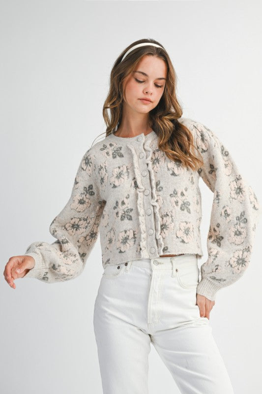 TAUPE FLORAL JACQUARD KNIT CARDIGAN SWEATER