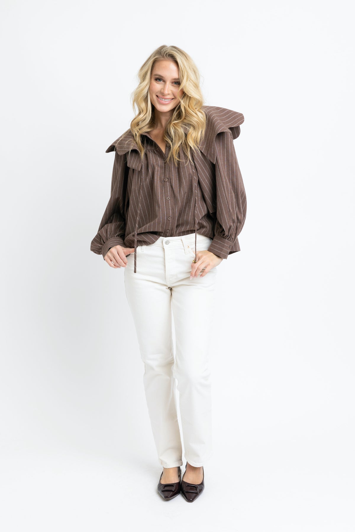 BROWN STRIPE PETER PAN COLLAR TOP
