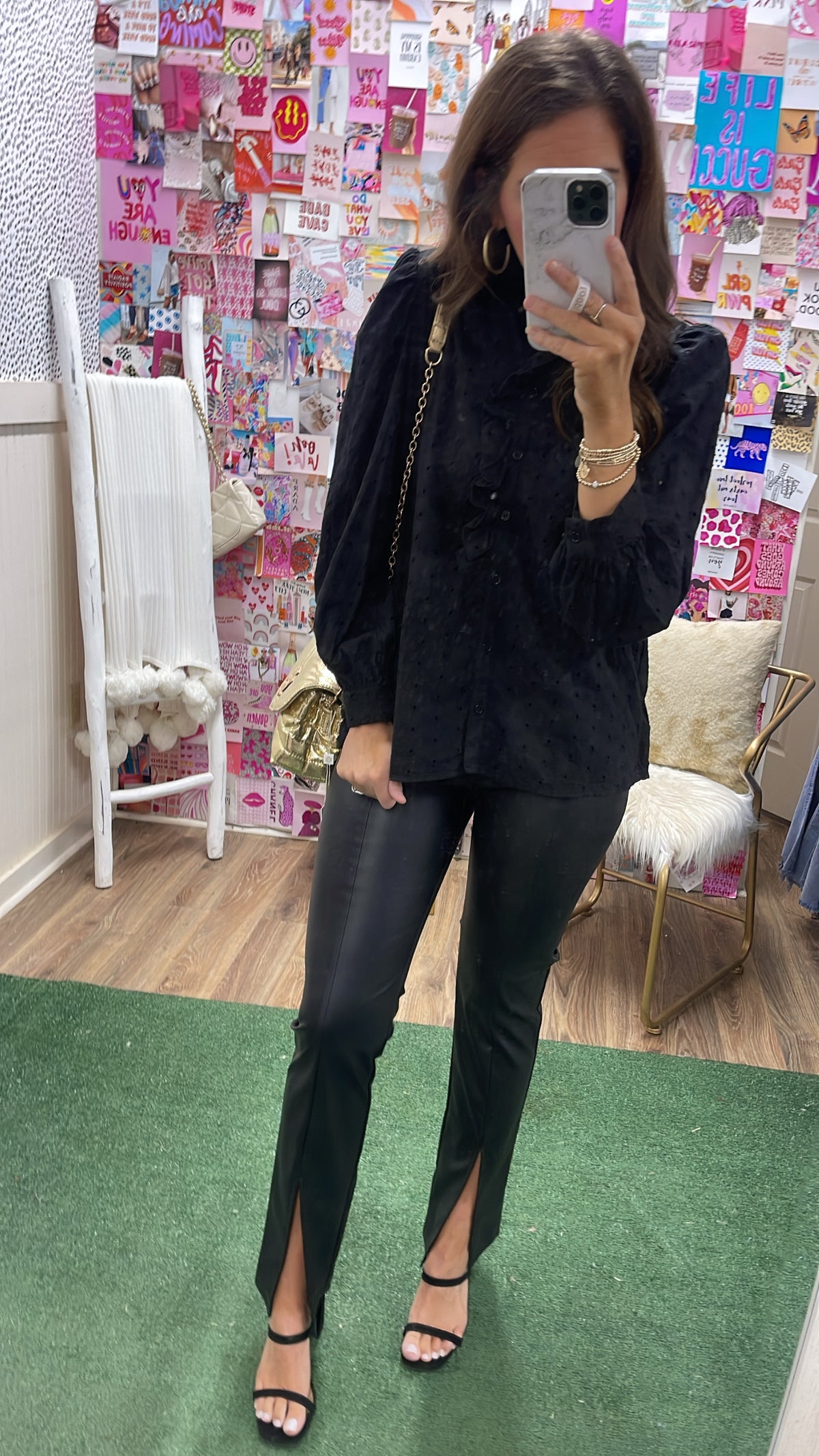 BLACK EYELET RUFFLE BUTTON BLOUSE