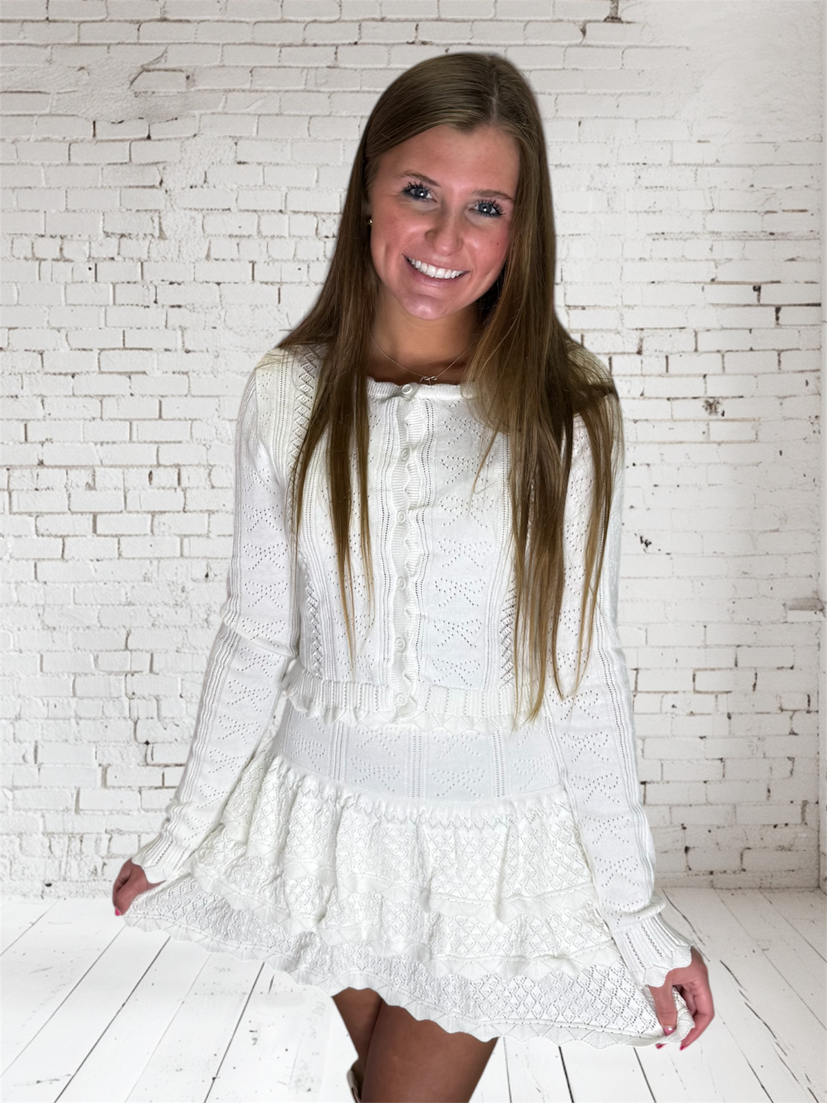 WHITE  BOW KNIT BUTTON TOP AND SKIRT SET