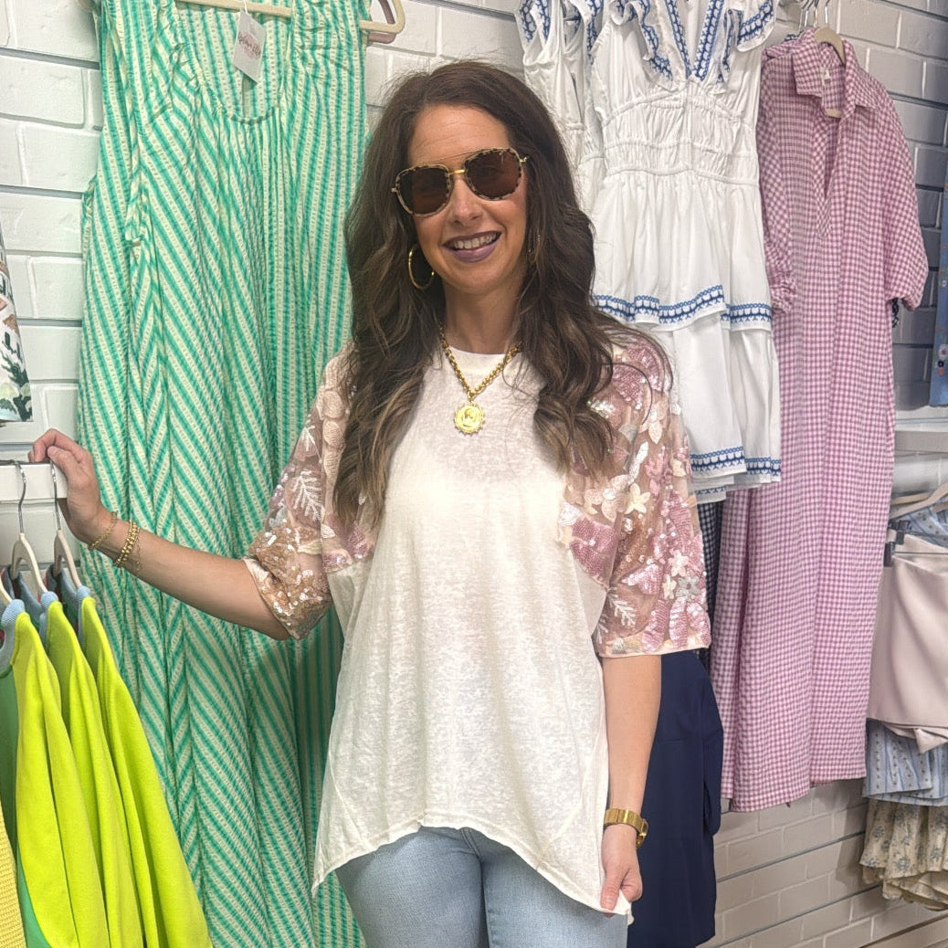 BLUSH BLOOM SEQUI SLV TUNIC TOP
