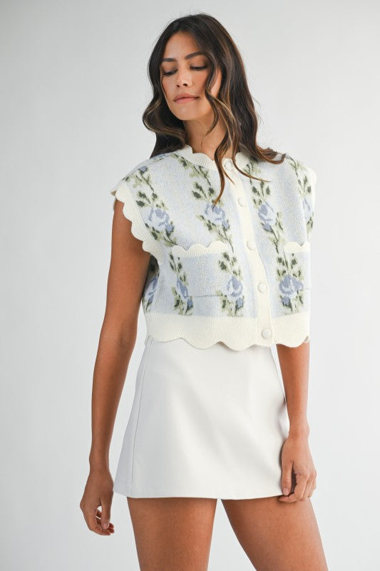 BLUE FLORAL JACQUARD SCALLOP VEST SWEATER TOP