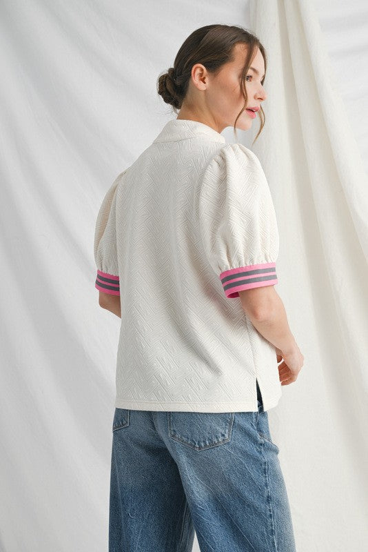 IVORY TEXTURE PINK STRIPE HALF ZIP TOP