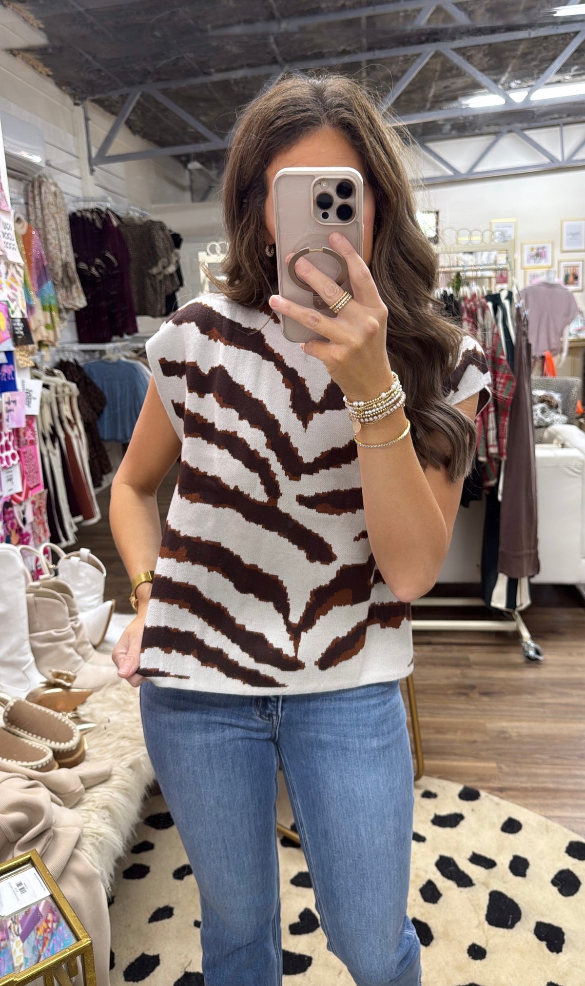 BROWN ANIMAL PRINT MOCK NK SWEATER