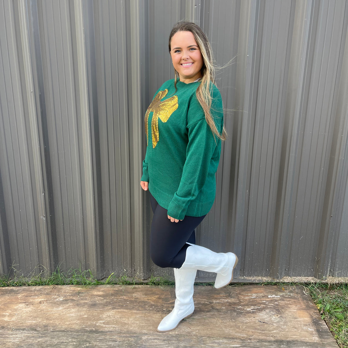 GREEN GOLD SEQUIN BOW SWEATER