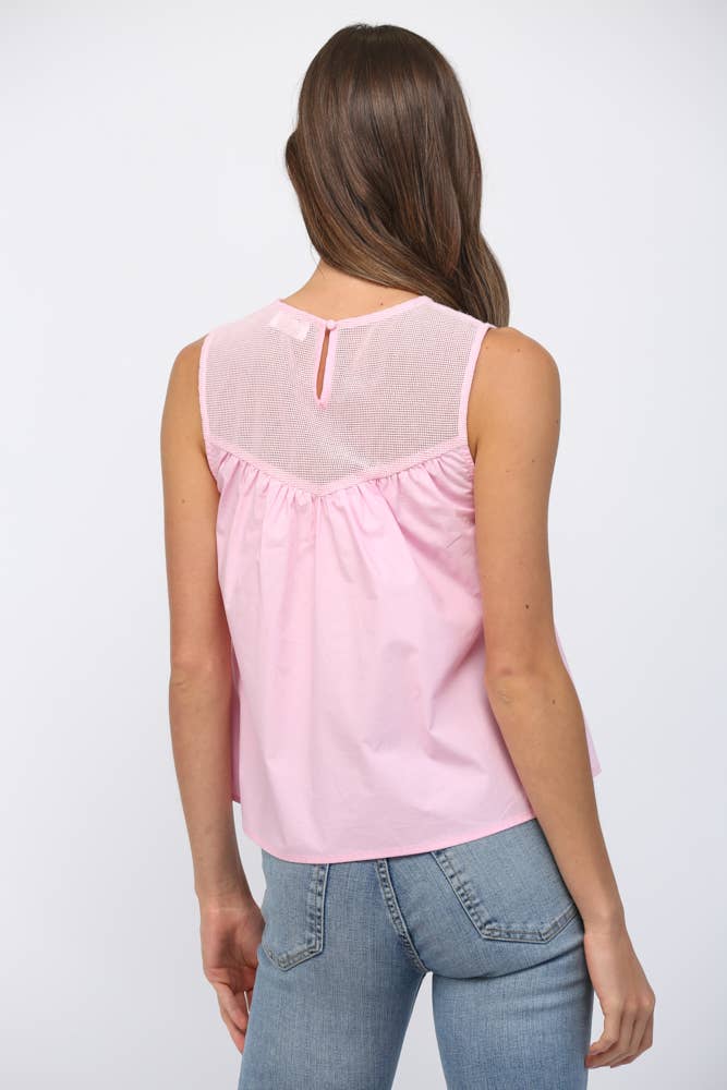PINK MESH LACE TRIMMED TOP