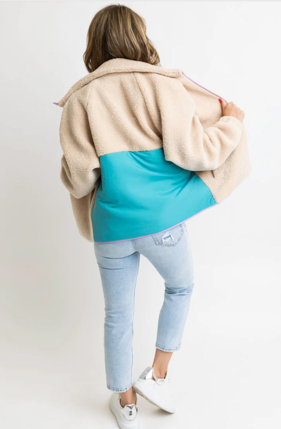IVORY RETRO COLOR-BLOCK FLEECE JACKET