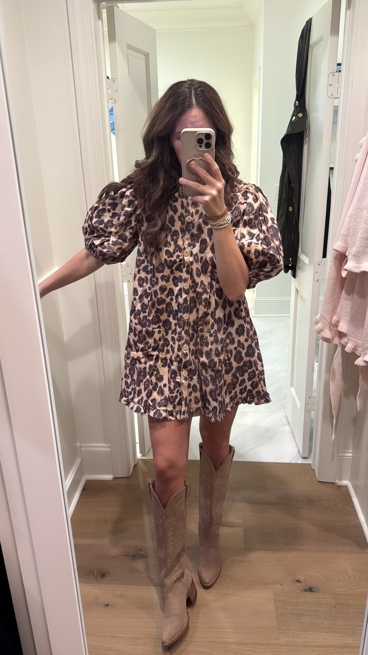 LEOPARD RUFFLE DENIM DRESS
