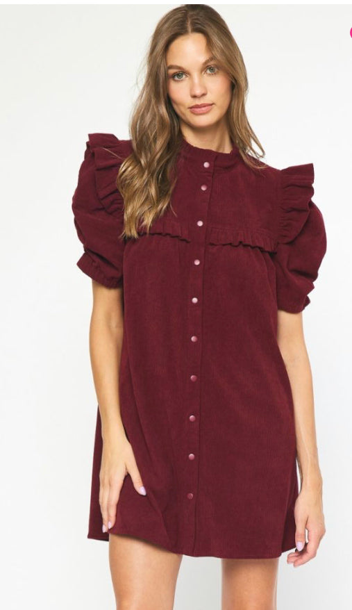 BURGUNDY CORDUROY PUFF SLV DRESS