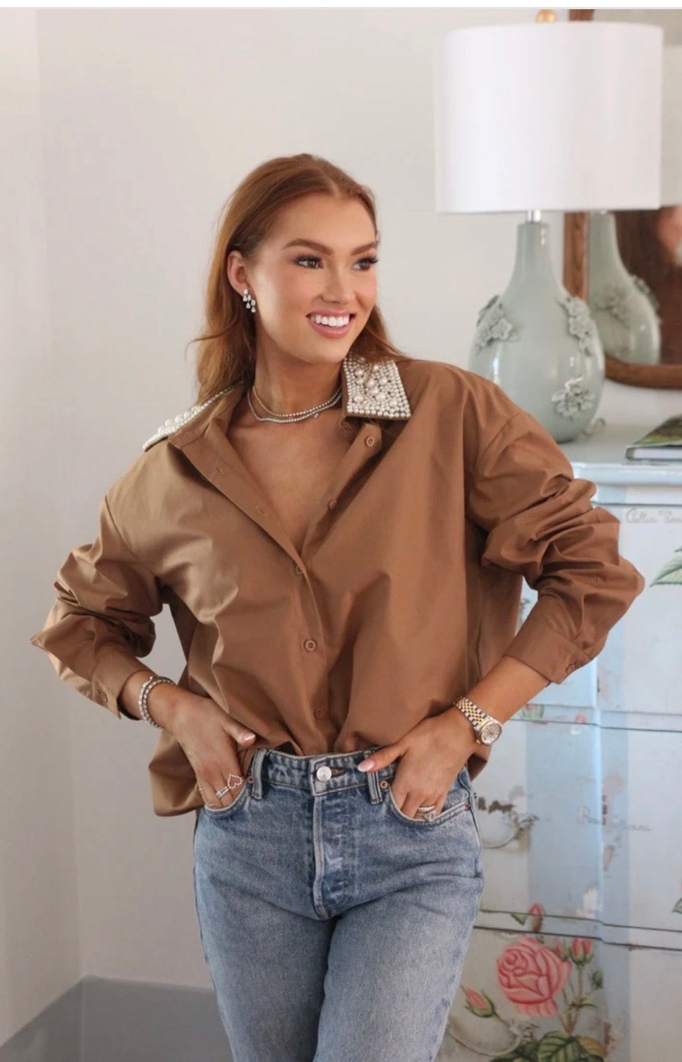 BROWN PEARL POPLIN COLLAR TOP