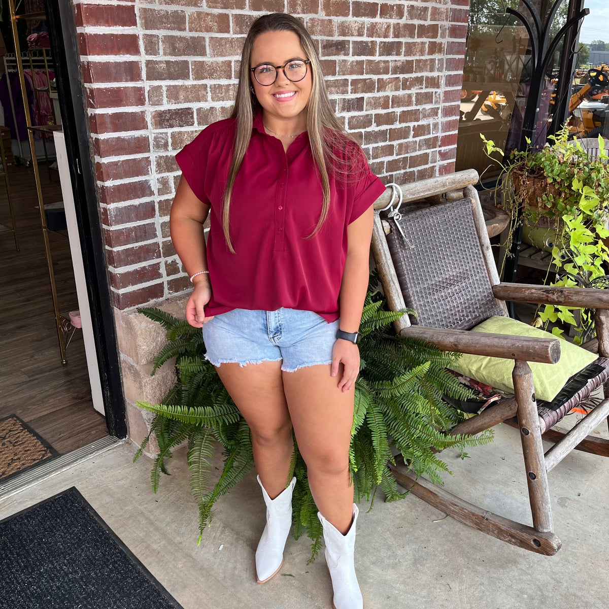 BURGUNDY COLLARED HALF BUTTON  TOP
