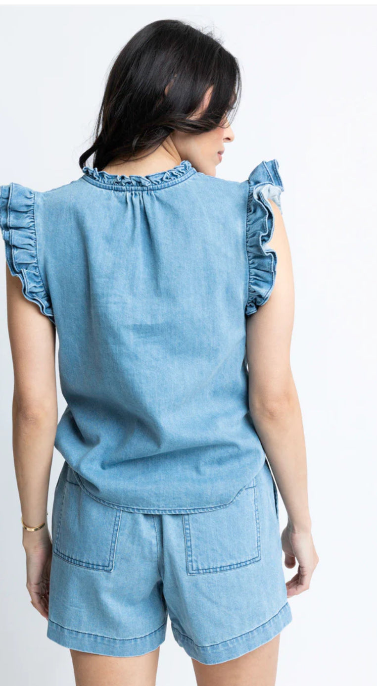 DENIM RUFFLE SLV TOP