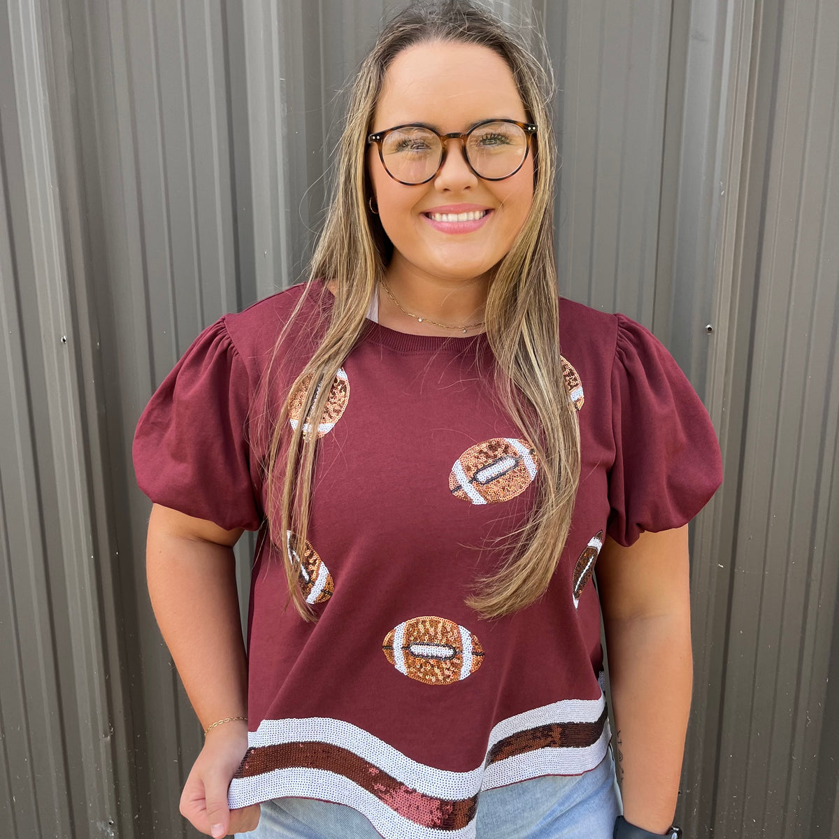 MAROON SEQUIN FOOTBALL TOP
