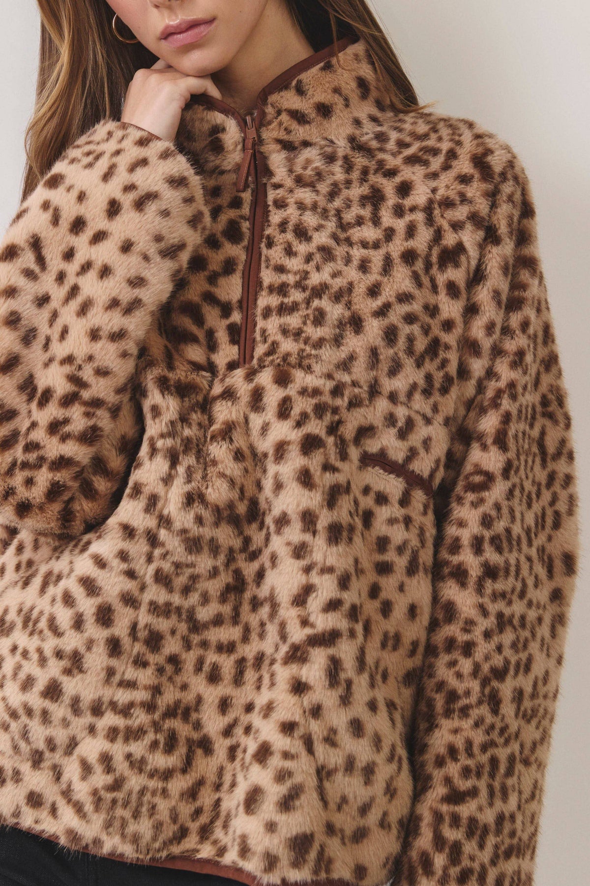 BROWN LEOPARD FAUX FUR PULOVER JACKET