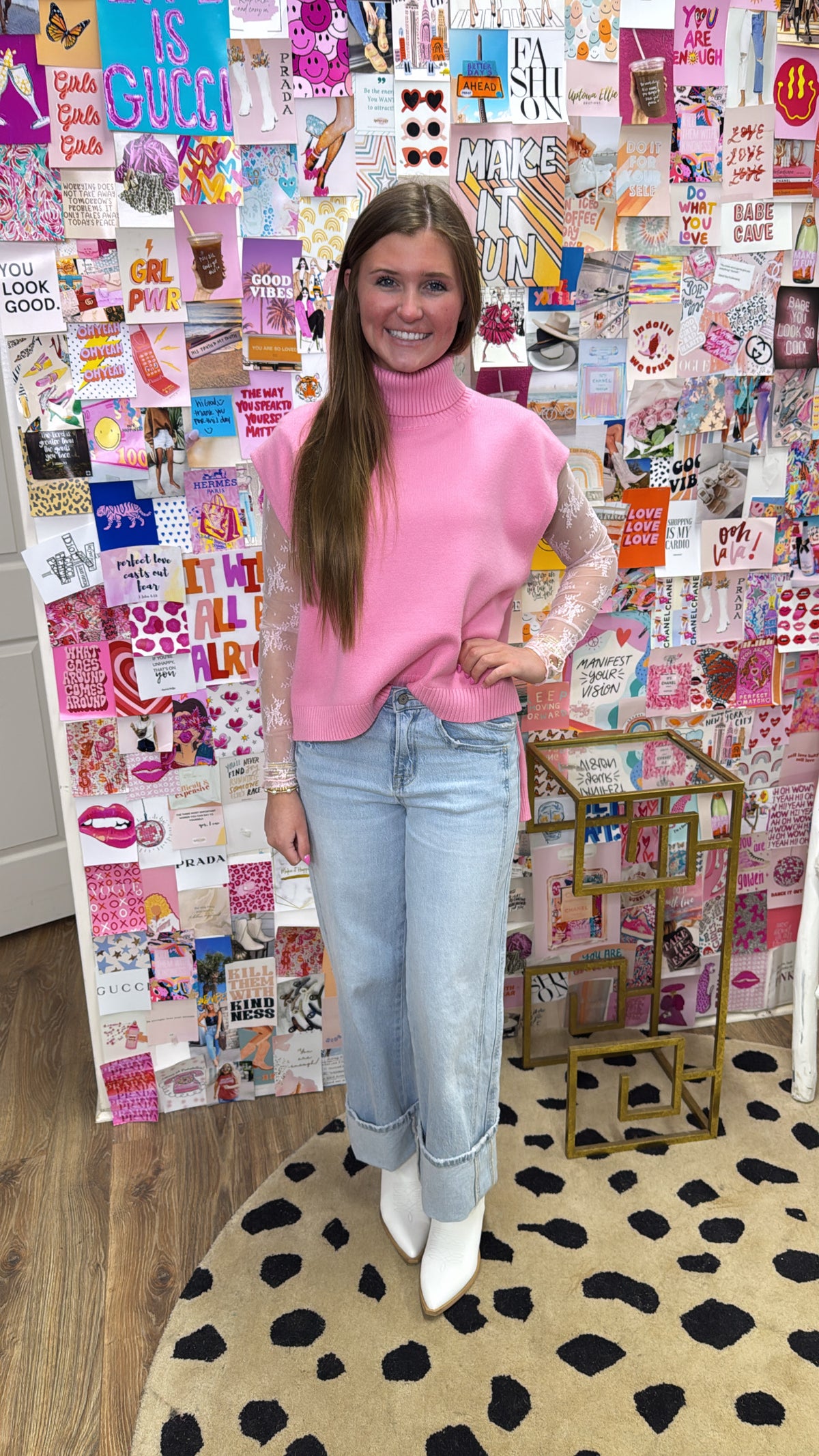 PINK TURTLENECK SLVLESS HI LO SWEATER