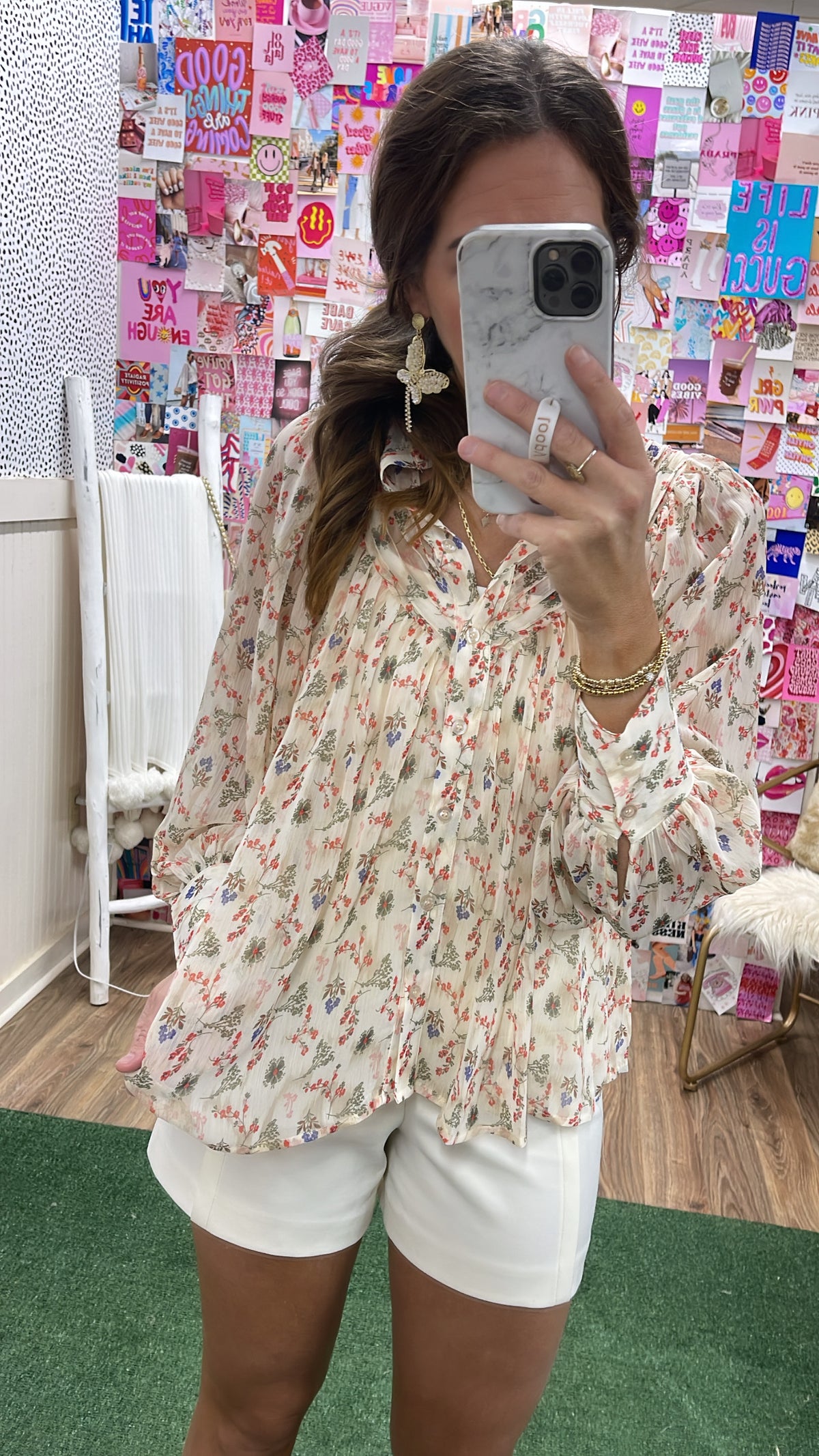 VINTAGE FLORAL VINE PLEAT CHIFFON TOP- FINAL SALE