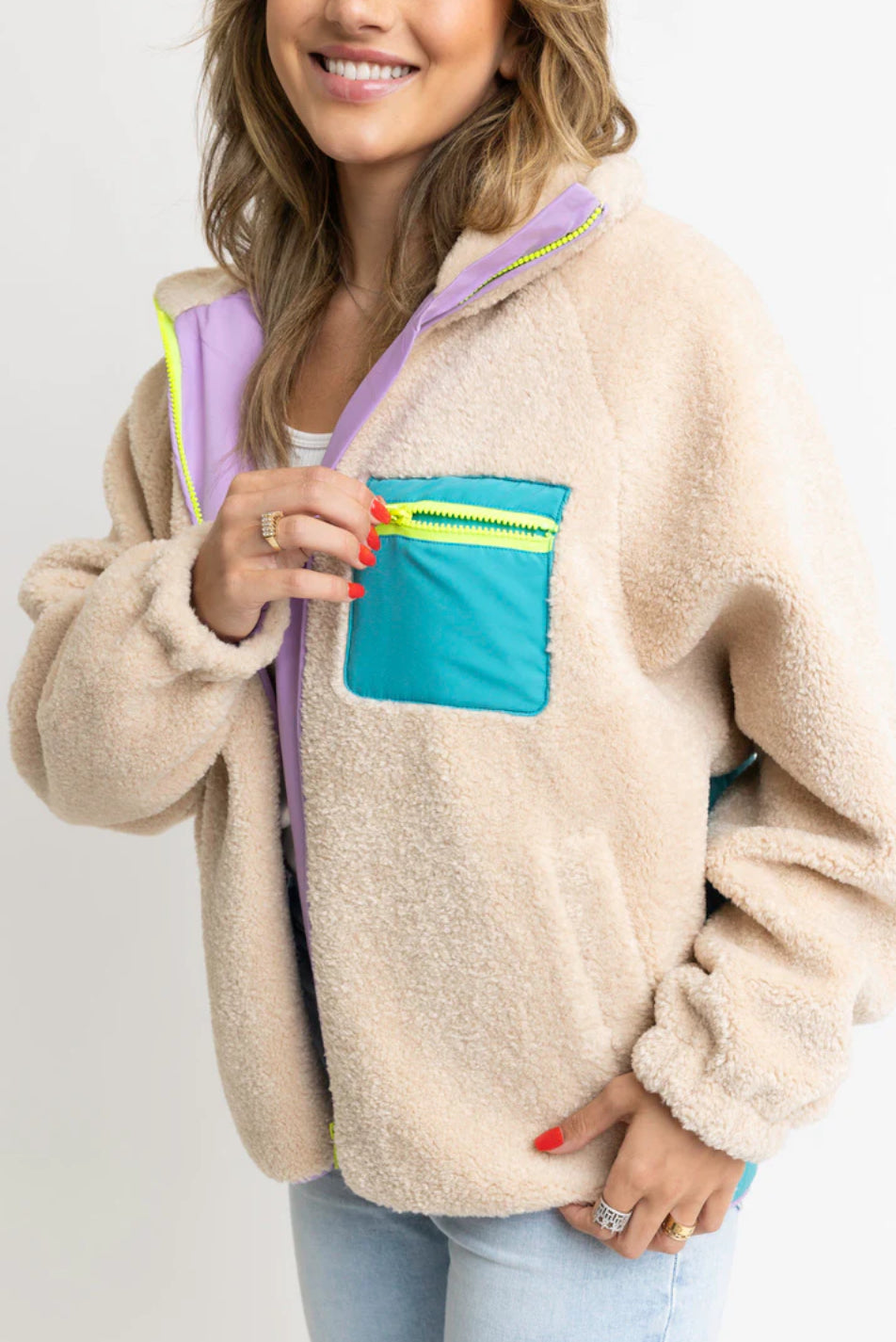 IVORY RETRO COLOR-BLOCK FLEECE JACKET
