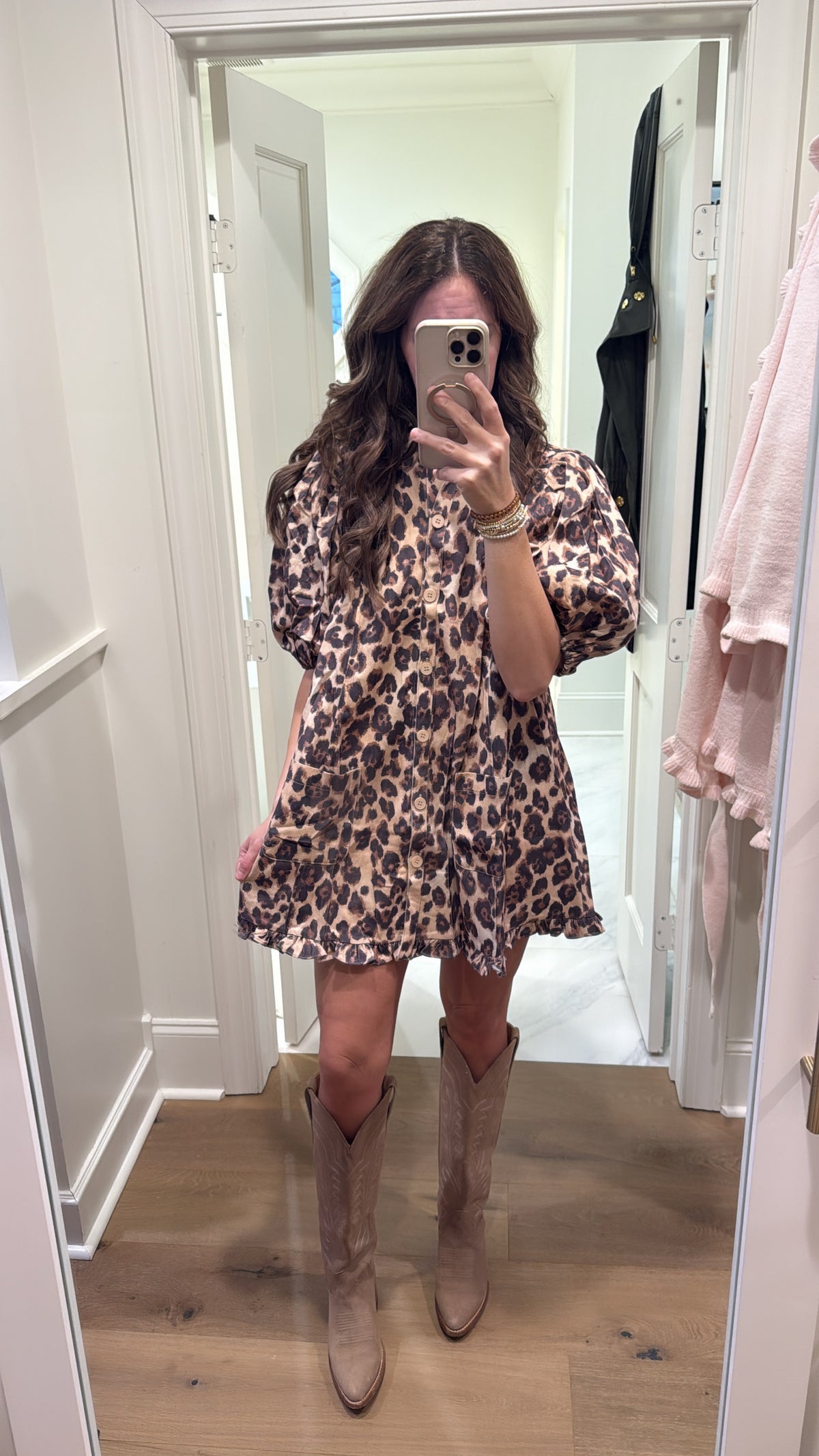 LEOPARD RUFFLE DENIM DRESS