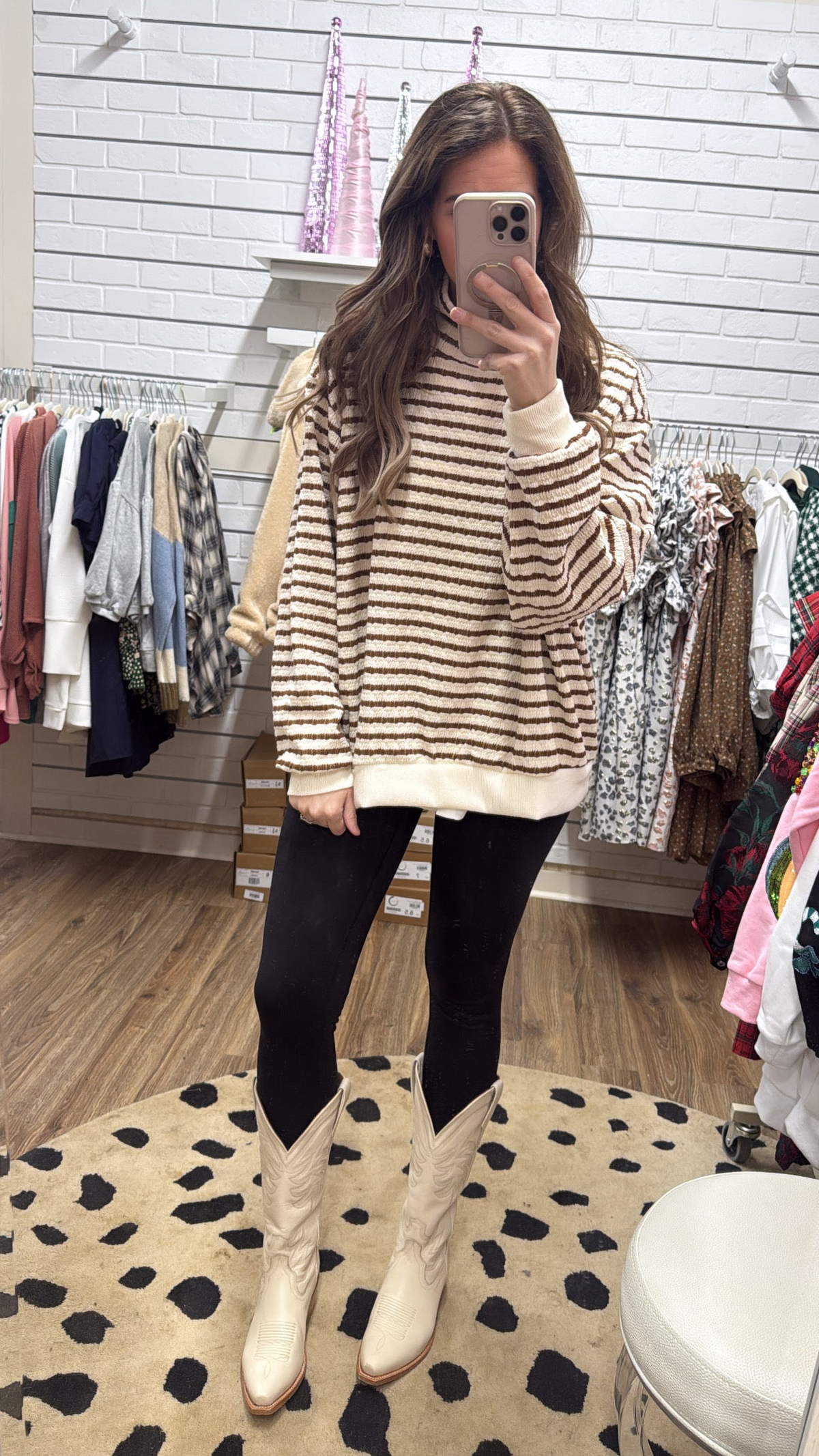 MOCHA STRIPE MOCK NECK TOP