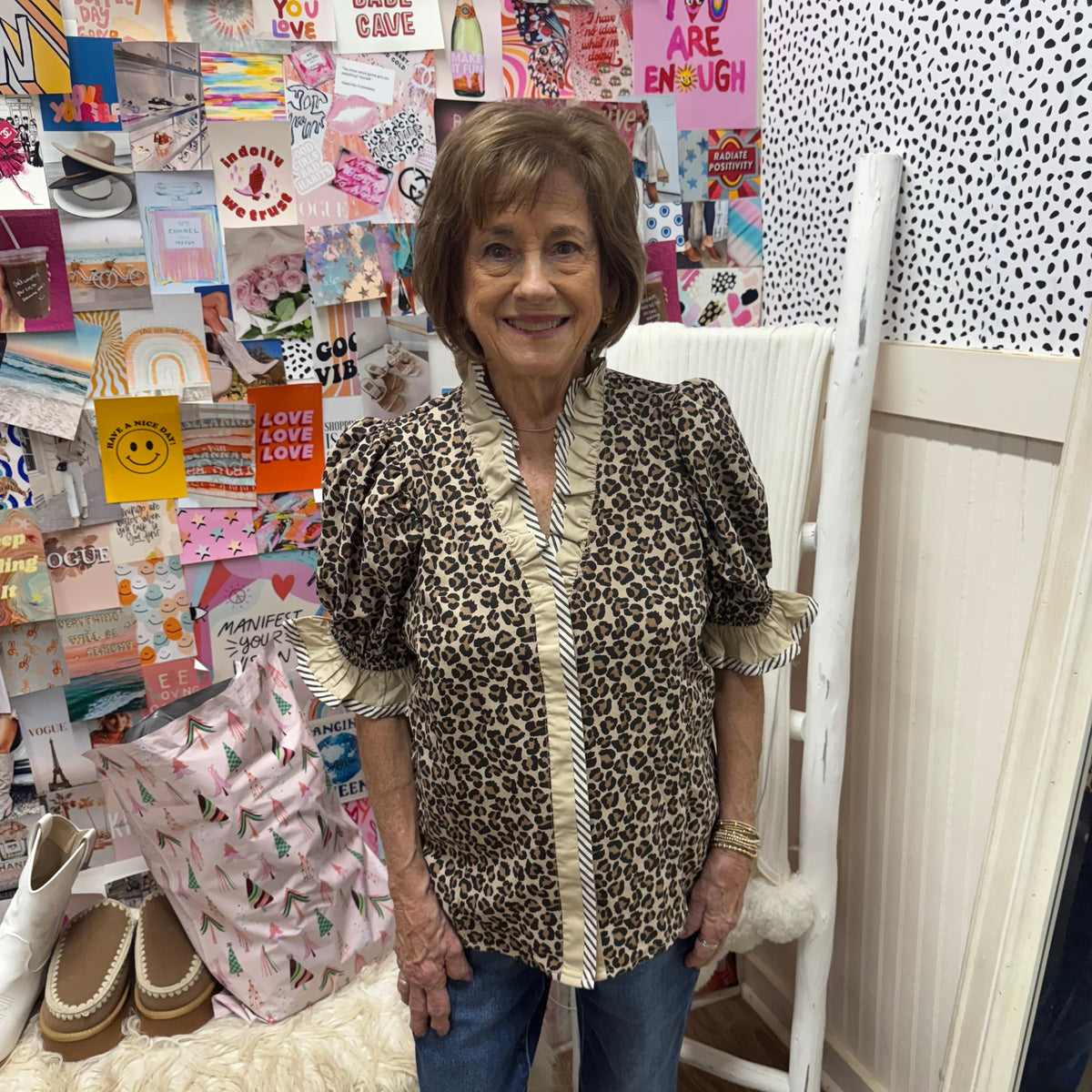 TAUPE LEOPARD RUFFLE NECK STRIPE TRIM TOP