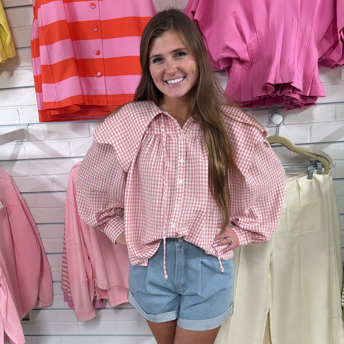 PINK GINGHAM PETER PAN COLLAR TOP
