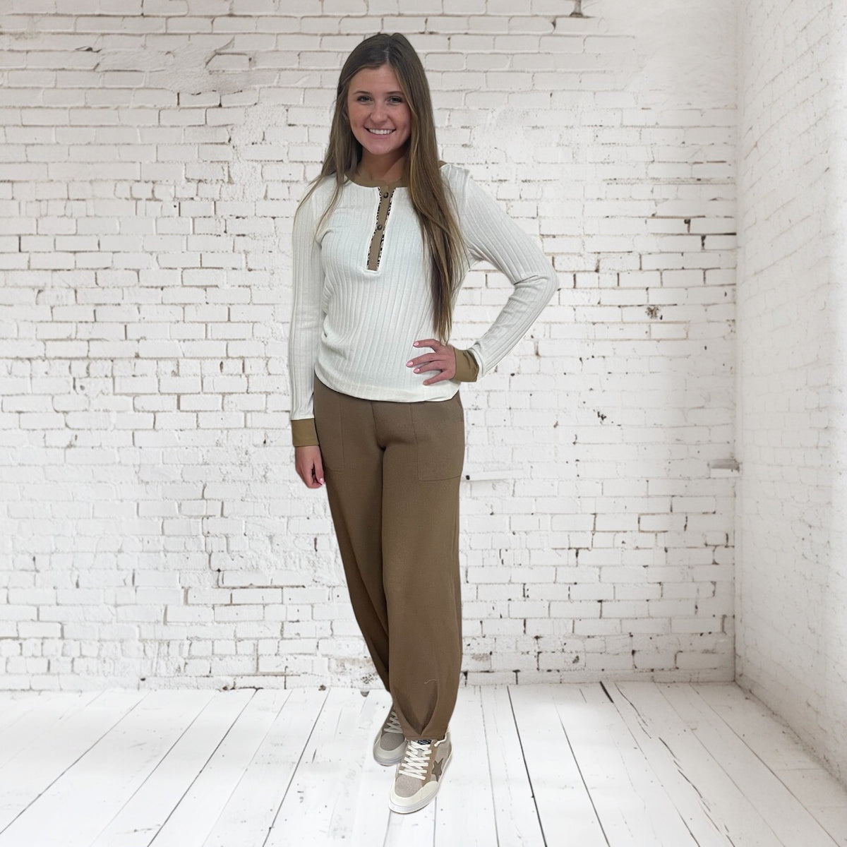 RIB KNIT LEOPARD CONTRAST TOP