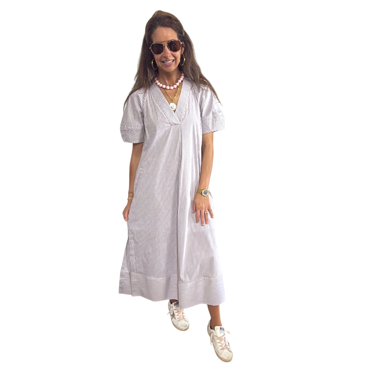 BROWN STRIPE POPLIN SIGNATURE MAXI