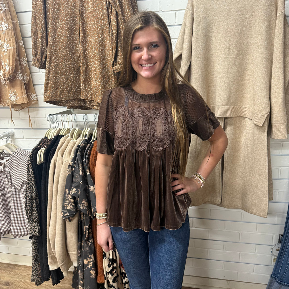 BROWN VELVET LACE BABYDOLL TOP