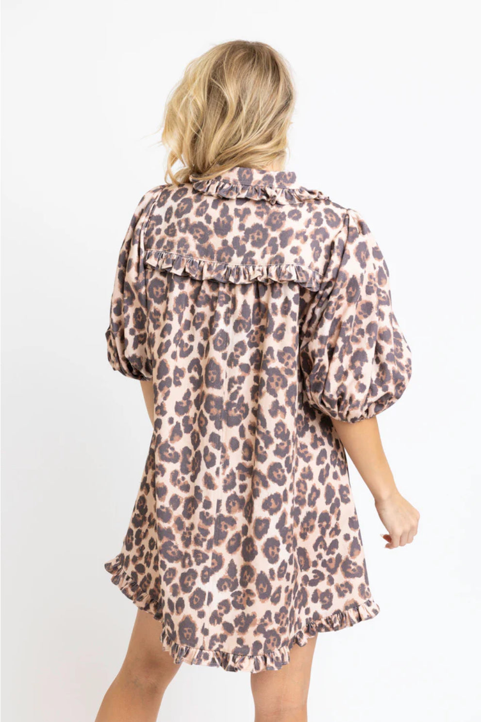 LEOPARD RUFFLE DENIM DRESS