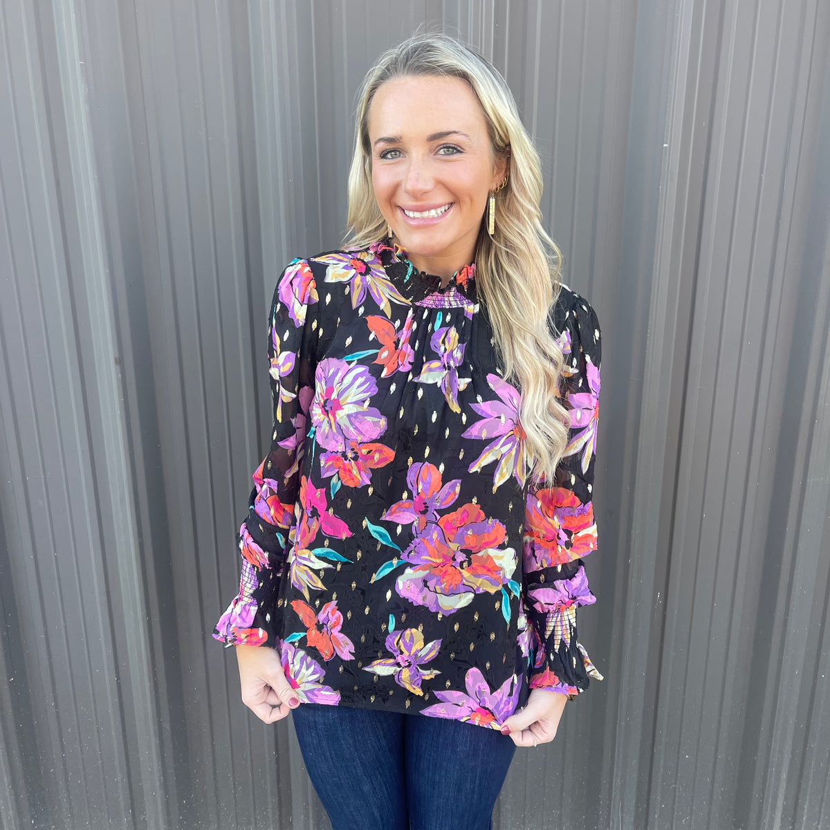 FLORAL CHIFFON SMOCKED BLOUSE