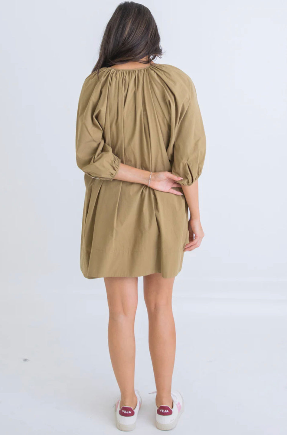 OLIVE VNECK POPLIN SWING DRESS