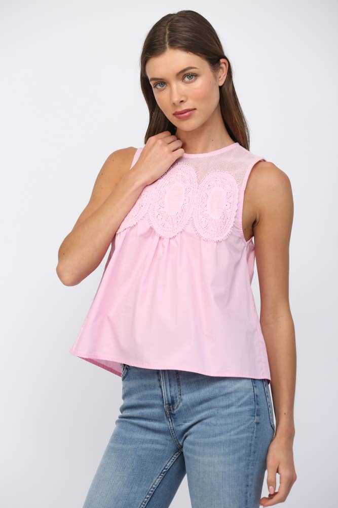 PINK MESH LACE TRIMMED TOP