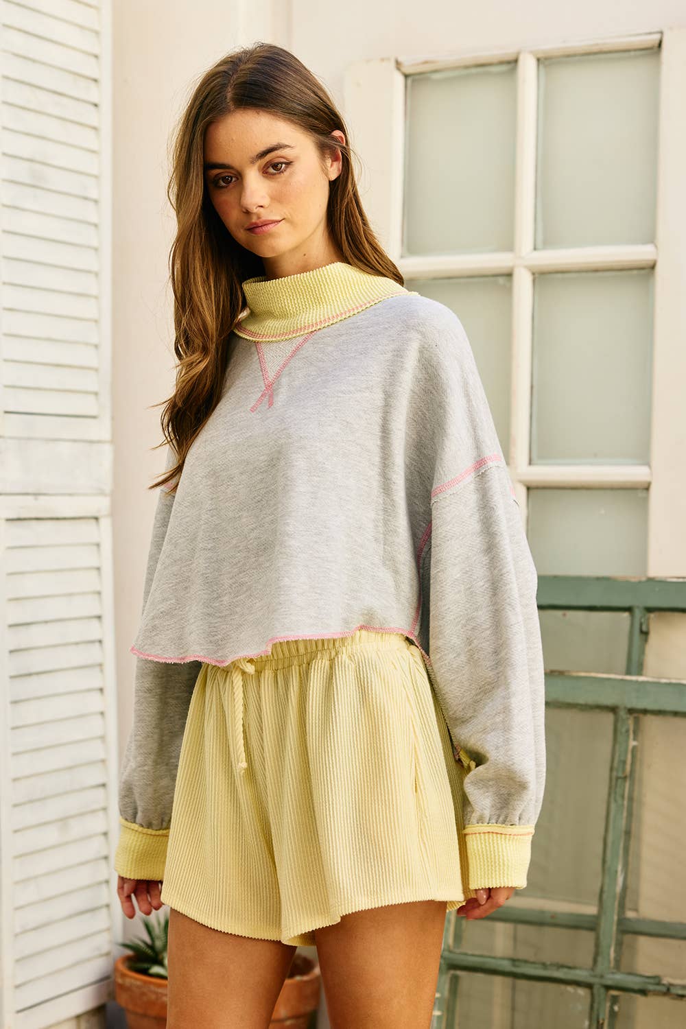 YELLOW RIBBED CAPE SWEATSHIRT