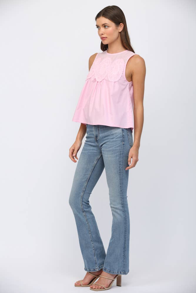 PINK MESH LACE TRIMMED TOP