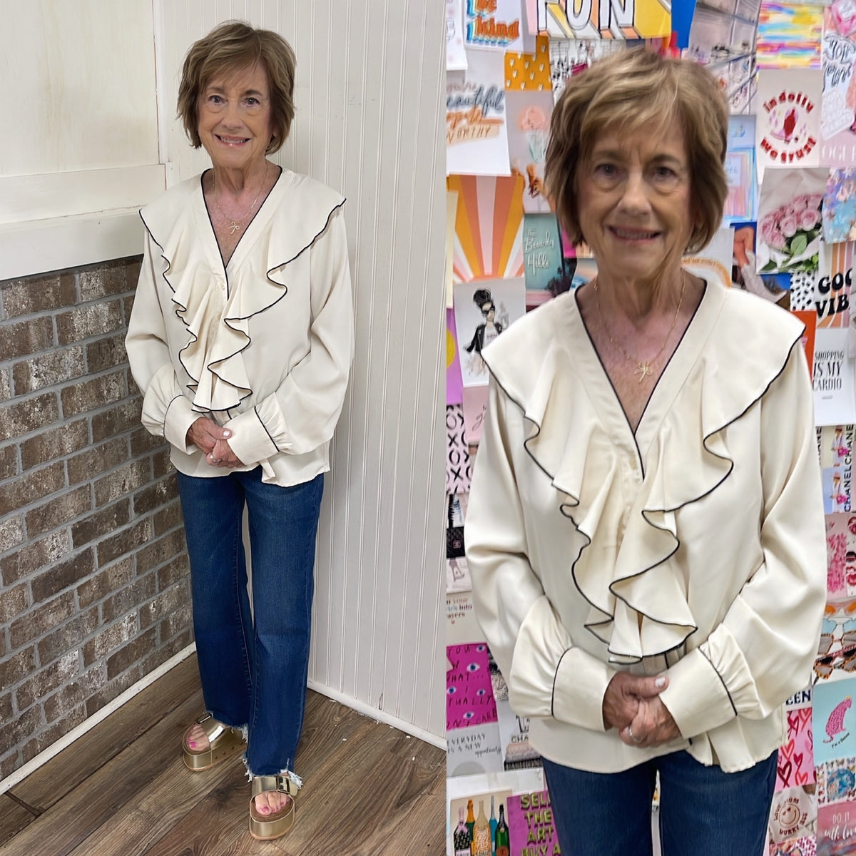 CREAM/BLACK RUFFLE BUTTON UP BLOUSE