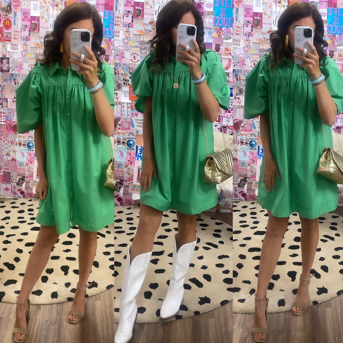 GREEN RUFFLE COLLARED POPLIN DRESS