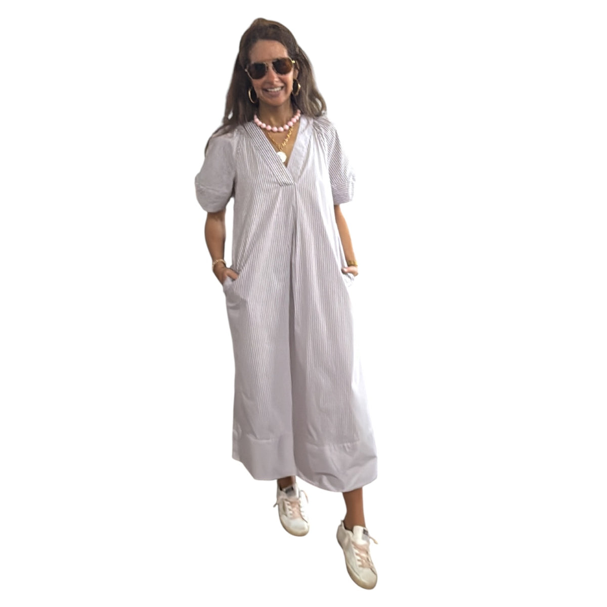 BROWN STRIPE POPLIN SIGNATURE MAXI