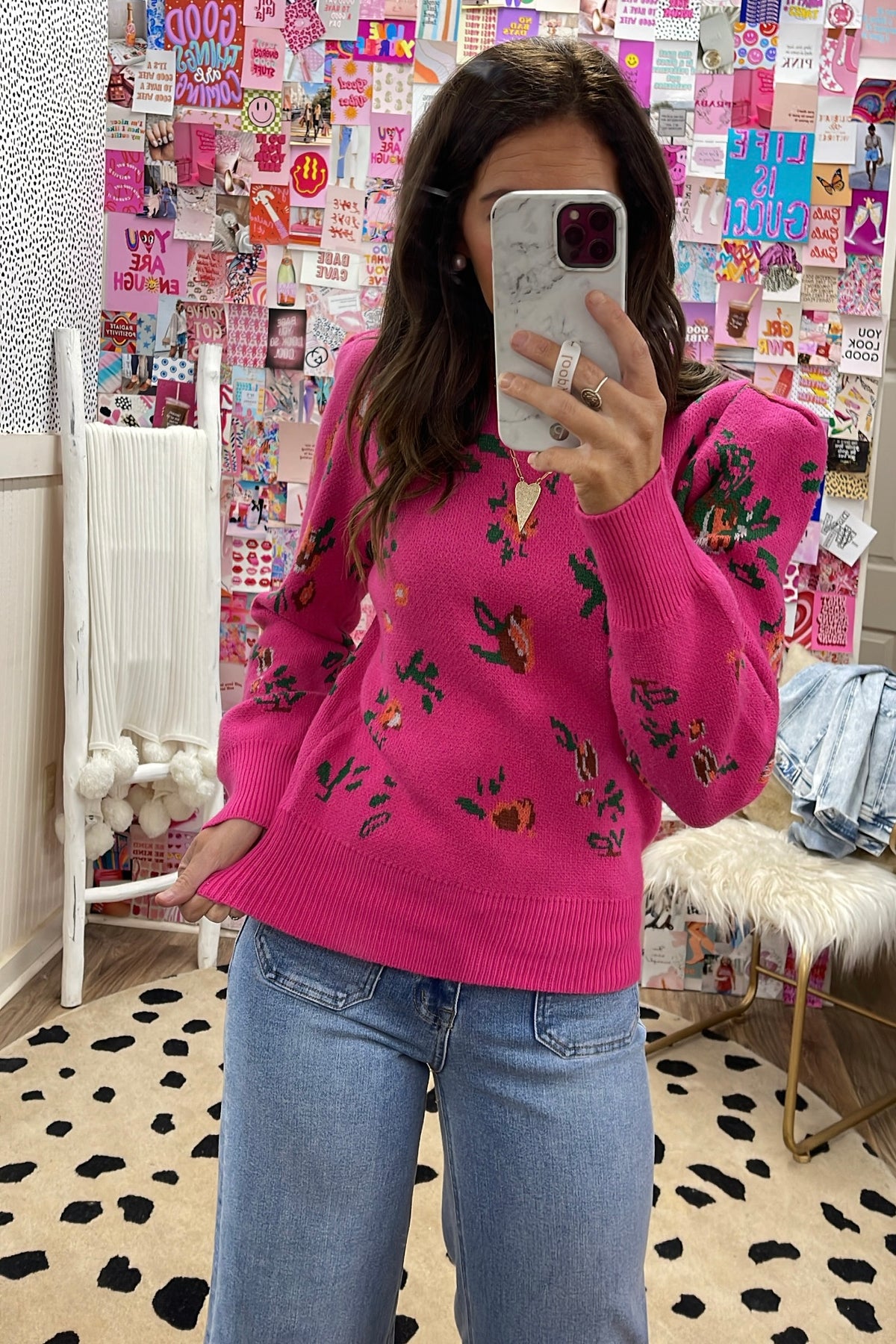 PINK FLORAL PUFF SLV SWEATER