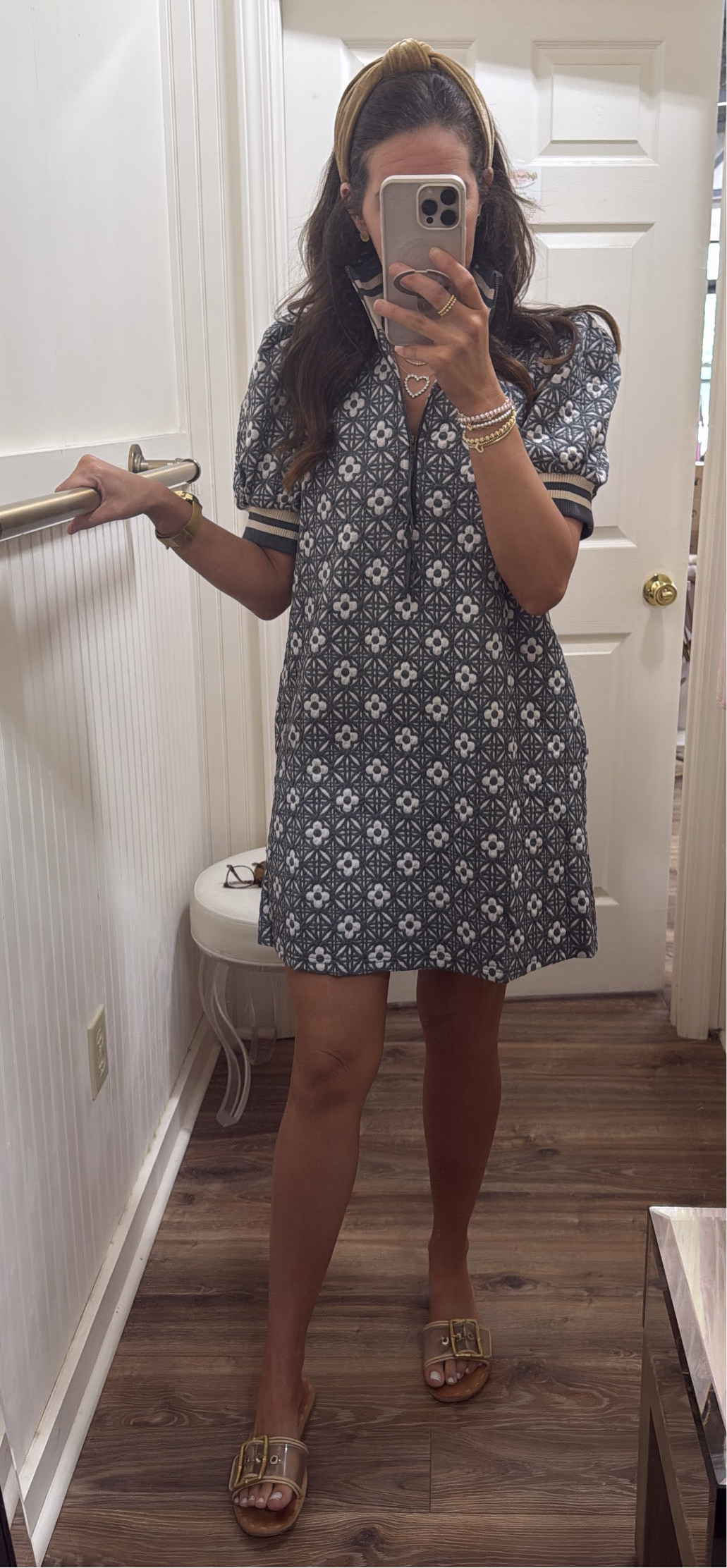 CHARCOAL FLORAL TEXTURED HALF ZIP DRESS