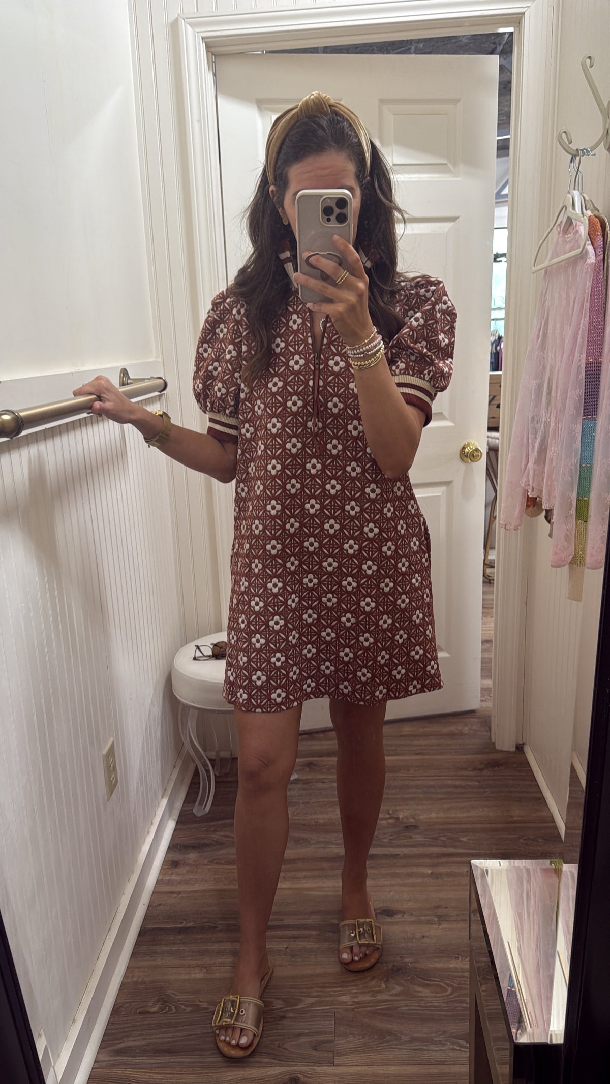 RUST FLORAL TEXTURED HALF ZIP DRESS