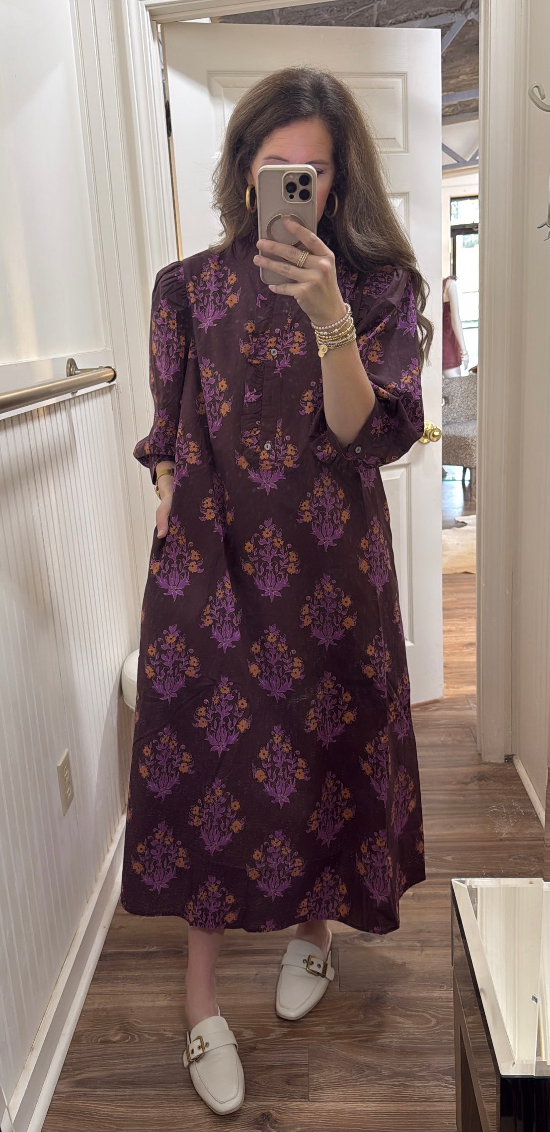 BROWN FLORAL RUFFLE TRIM MIDI