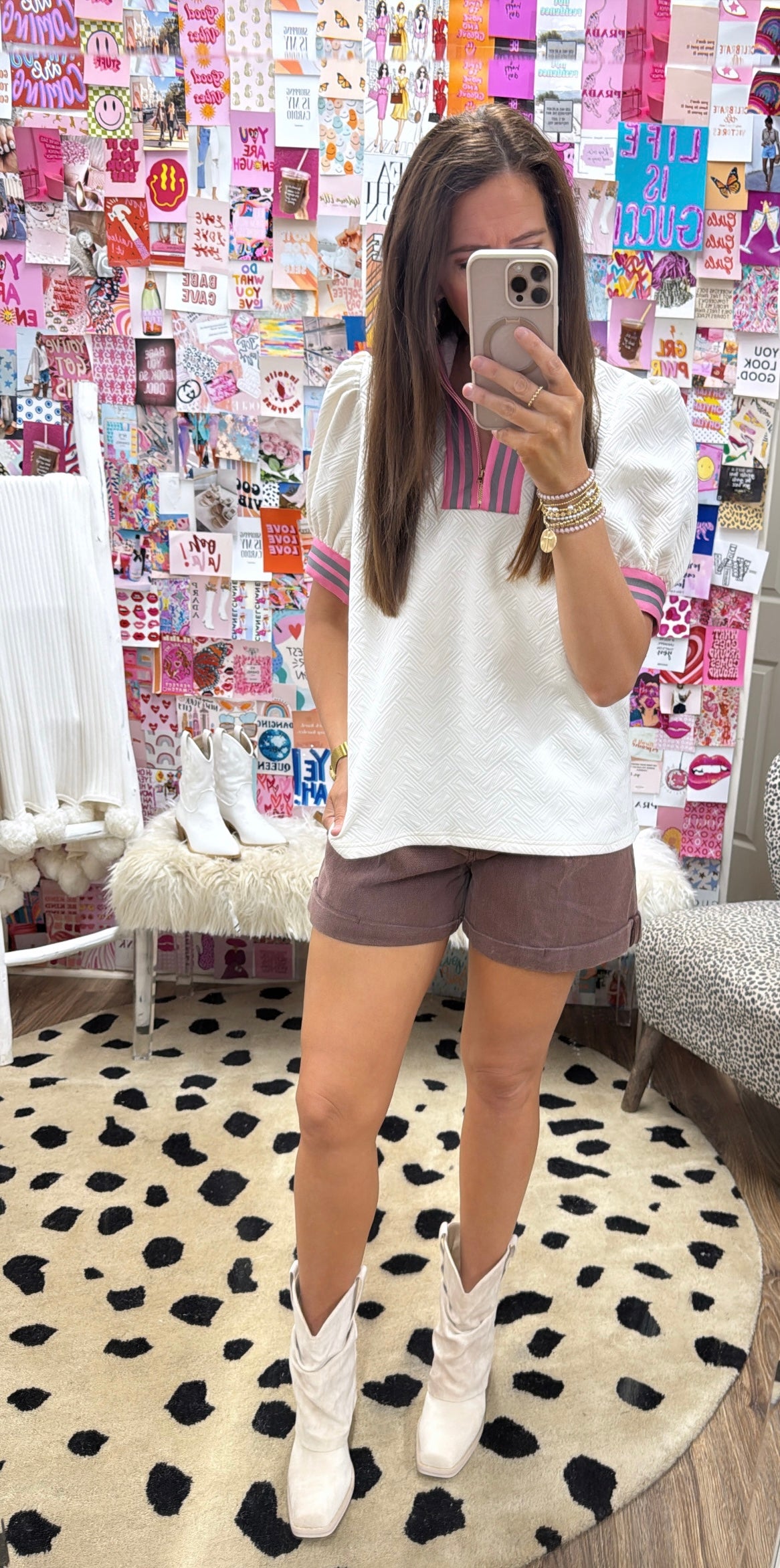 IVORY TEXTURE PINK STRIPE HALF ZIP TOP
