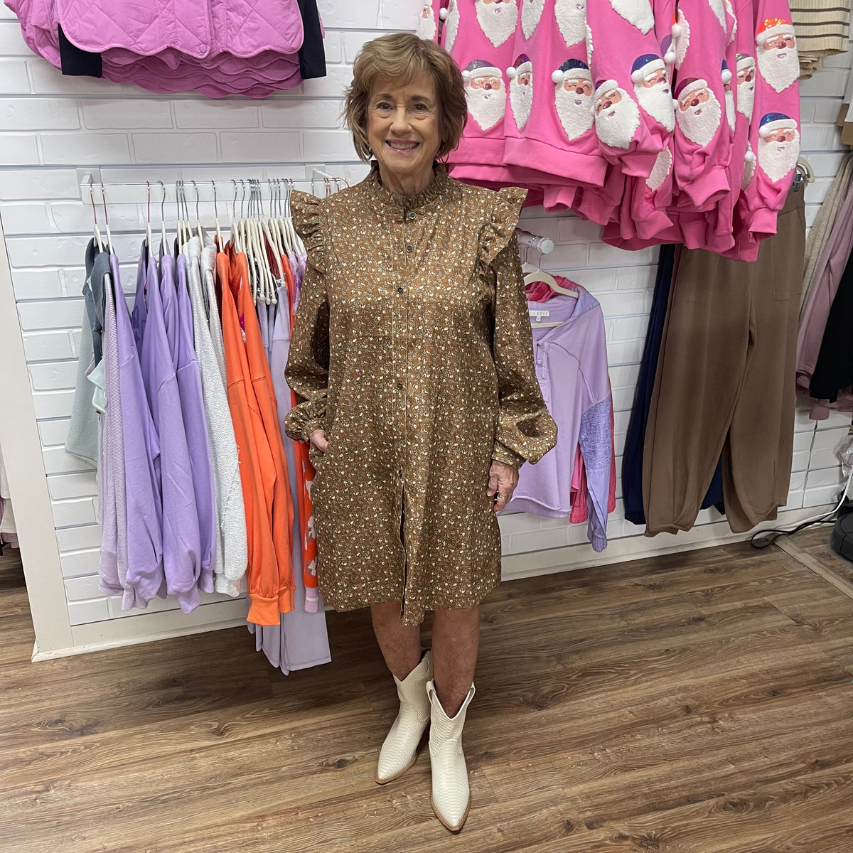 FLORAL BUTTON CORDUROY DRESS