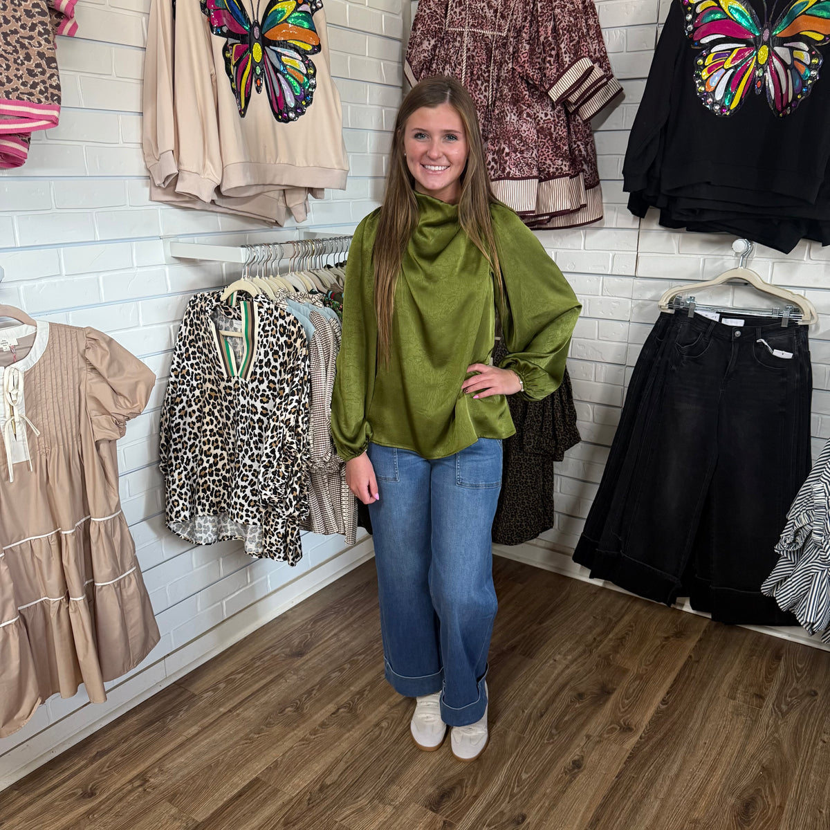 OLIVE DRAPED MOCK NECK TOP